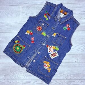 Vintage baccini denim cotton jean vest with casino Vegas gambling appliqués med